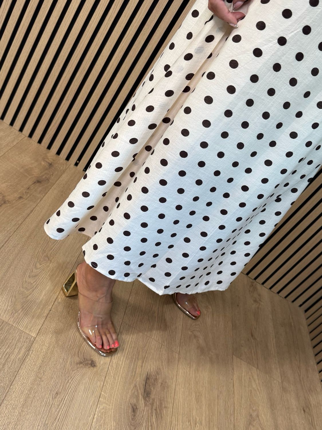 Polka Dot Crochet Waist Maxi Dress - Cream/brown