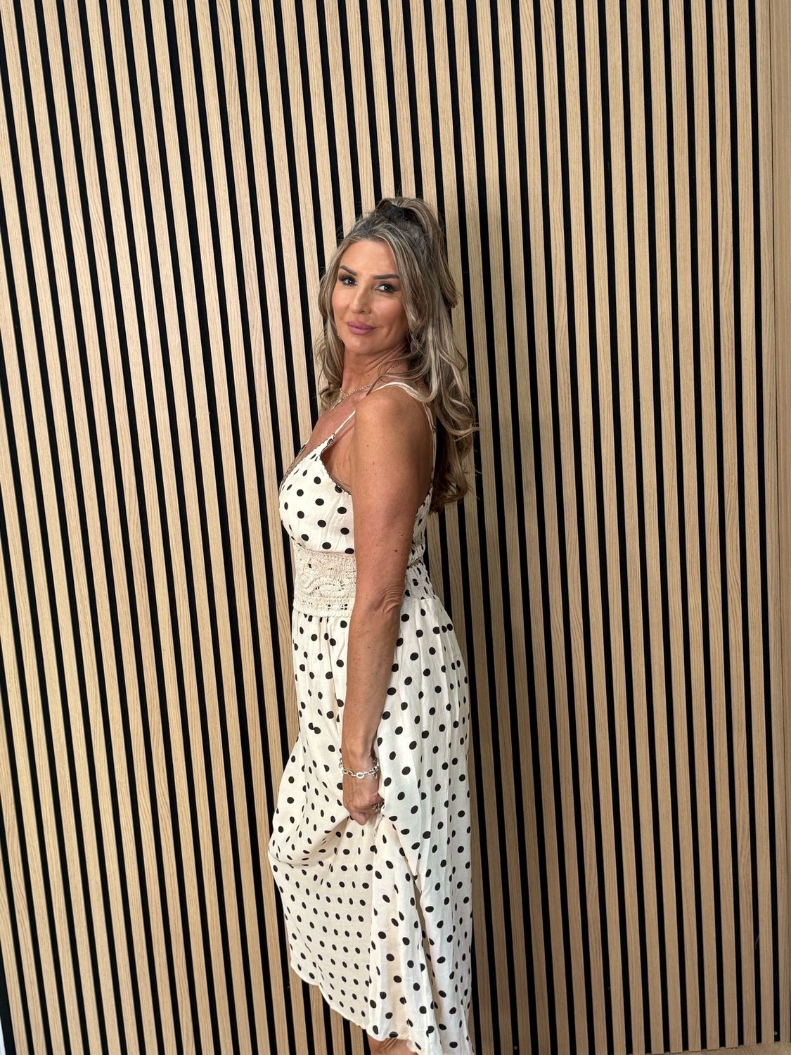 Polka Dot Crochet Waist Maxi Dress - Cream/brown