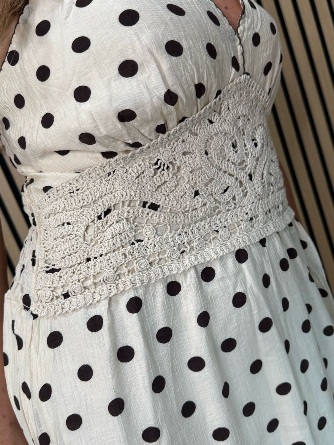 Polka Dot Crochet Waist Maxi Dress - Cream/brown