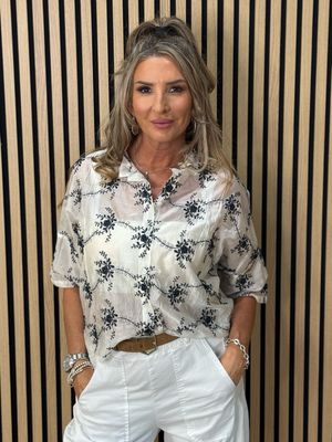 Embroidered Floral Sheet Shirt - White/Navy