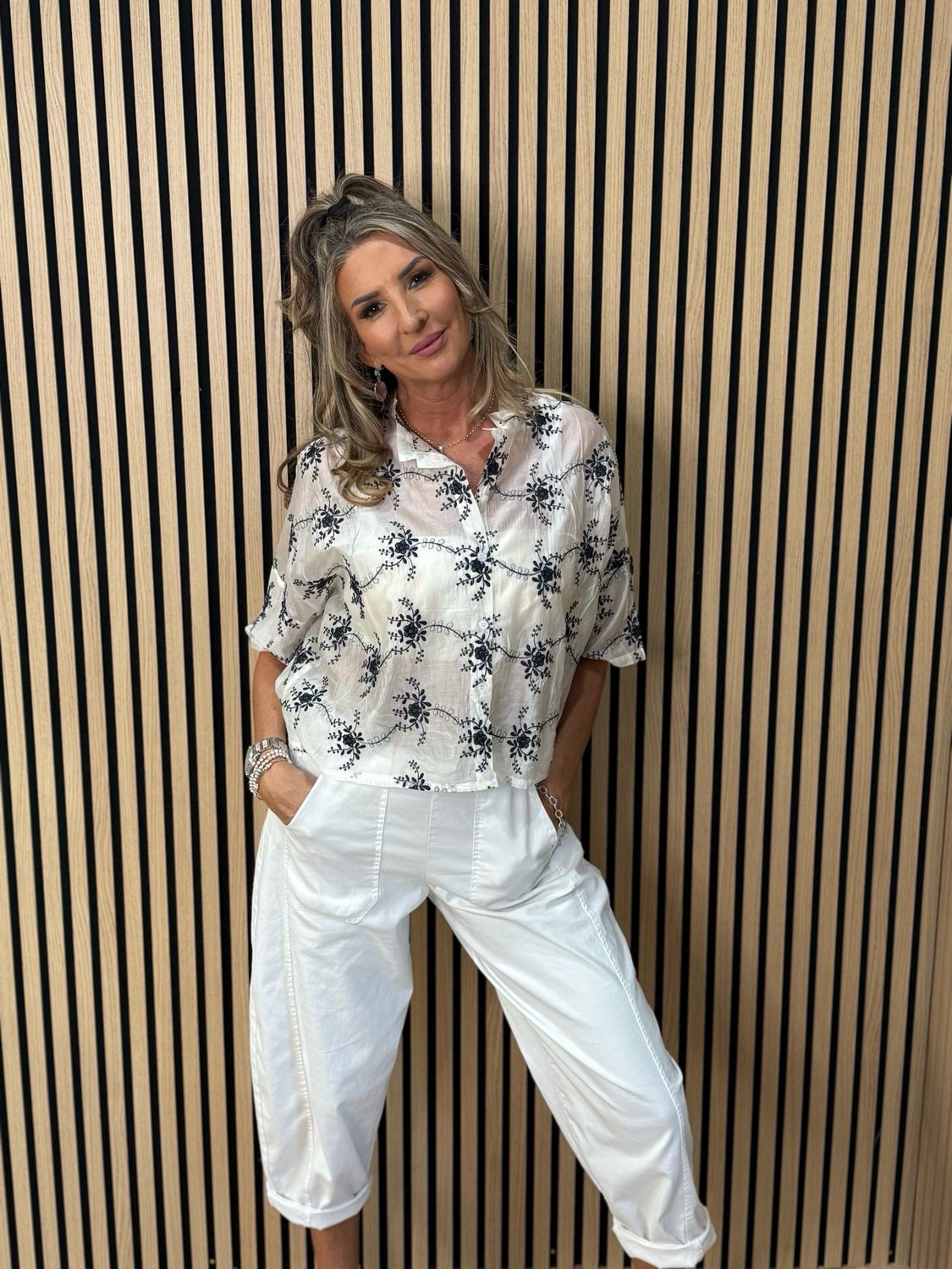 Embroidered Floral Sheet Shirt - White/Navy