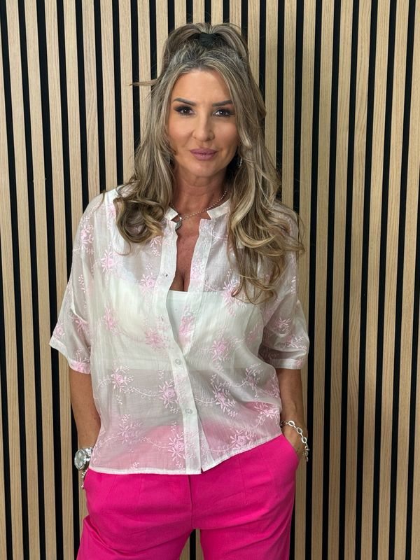 Embroidered Floral Sheer Shirt - White/Pink