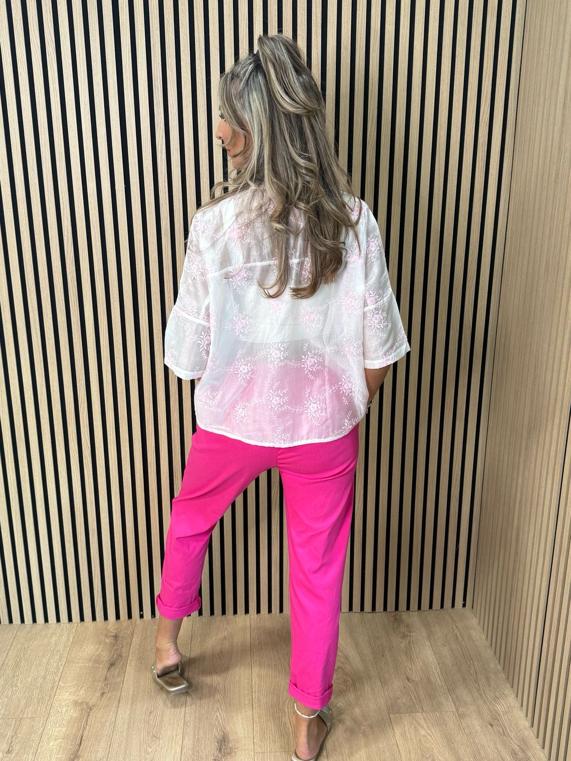 Embroidered Floral Sheer Shirt - White/Pink
