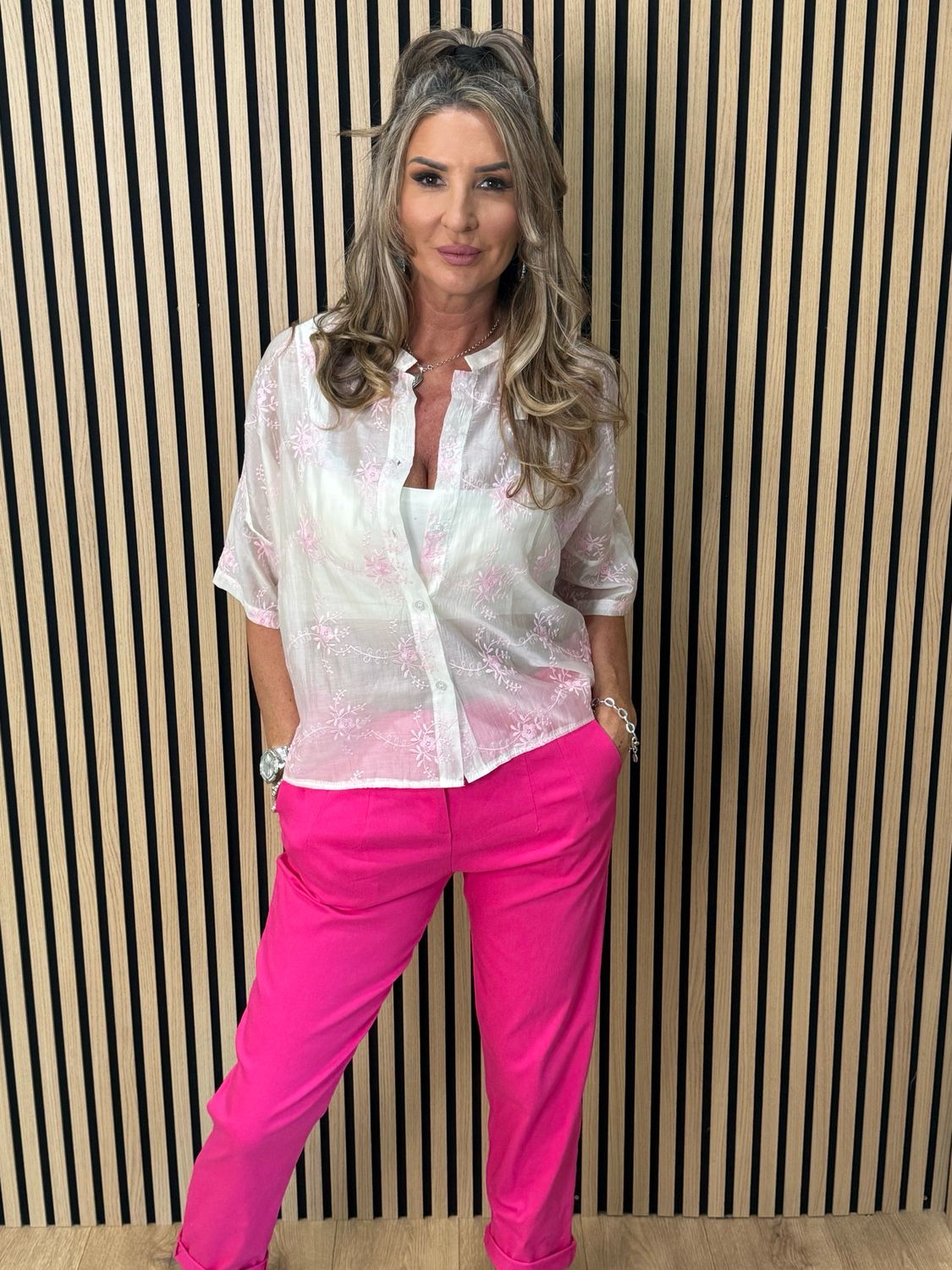 Embroidered Floral Sheer Shirt - White/Pink