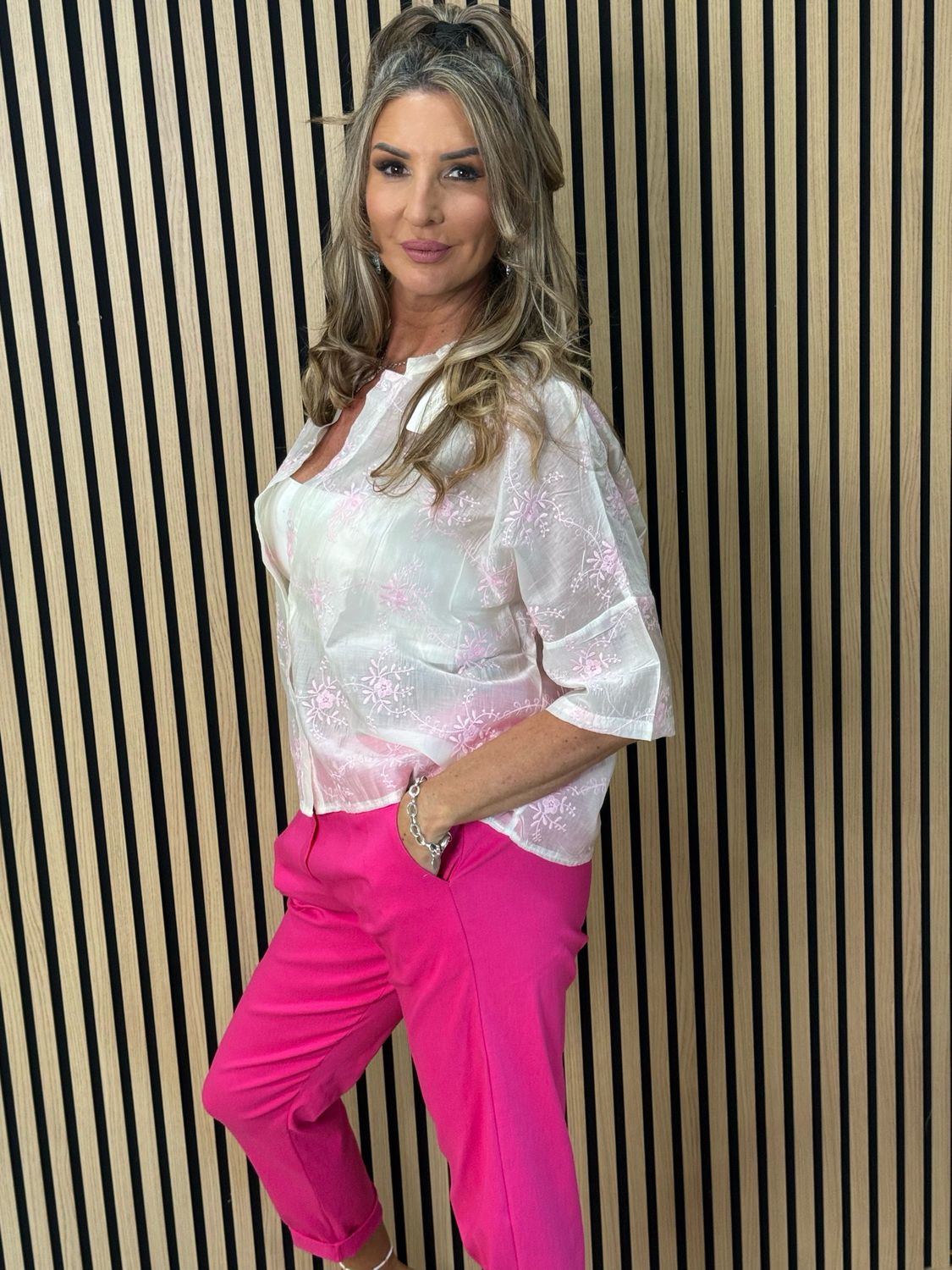 Embroidered Floral Sheer Shirt - White/Pink