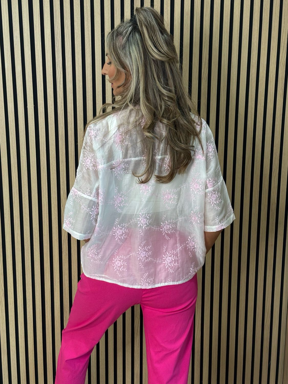 Embroidered Floral Sheer Shirt - White/Pink