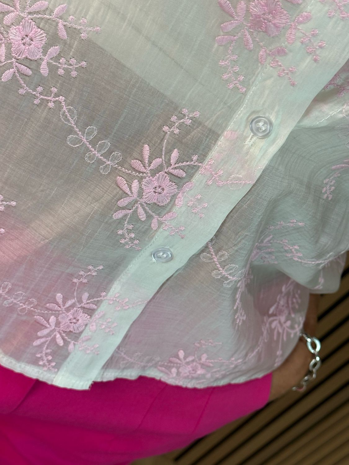 Embroidered Floral Sheer Shirt - White/Pink