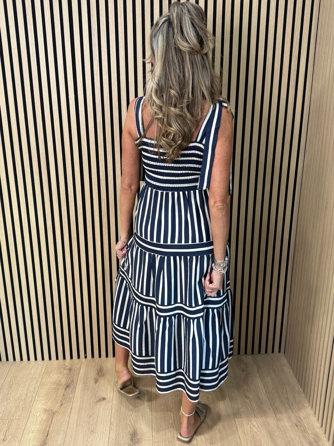 Striped Tie Shoulder Midi Dress - Navy/White
