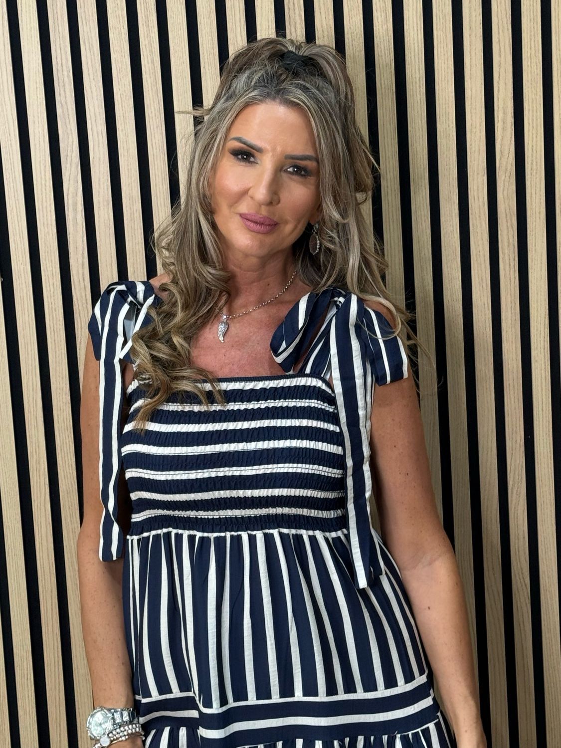 Striped Tie Shoulder Midi Dress - Navy/White