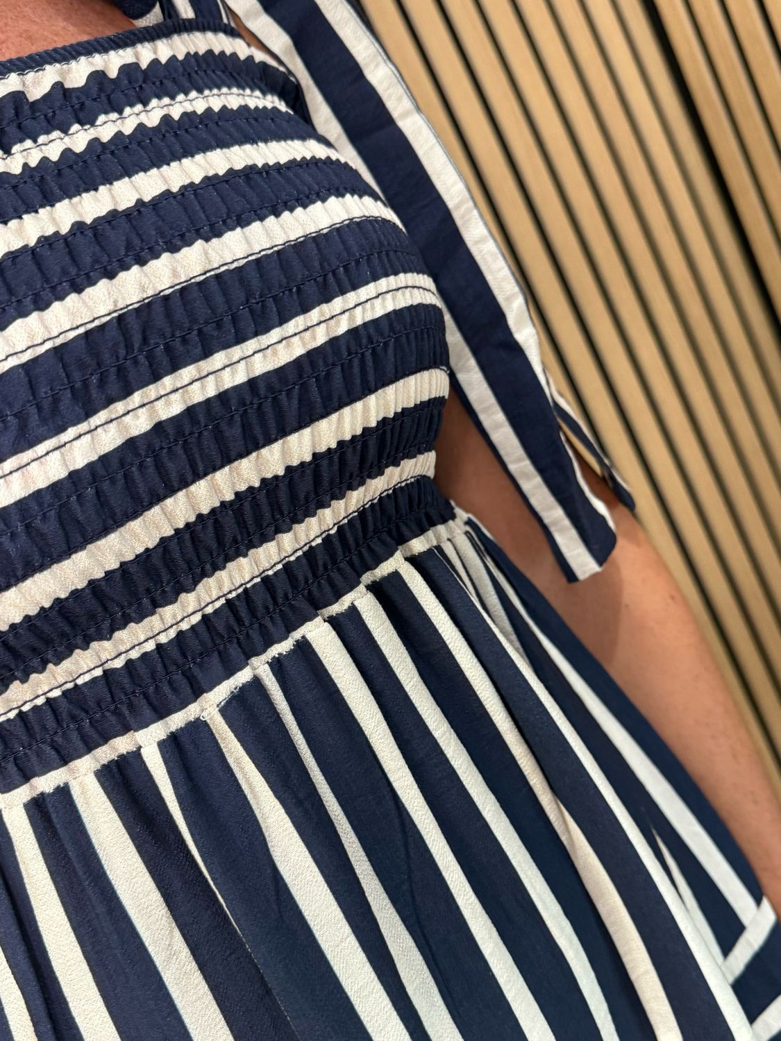 Striped Tie Shoulder Midi Dress - Navy/White