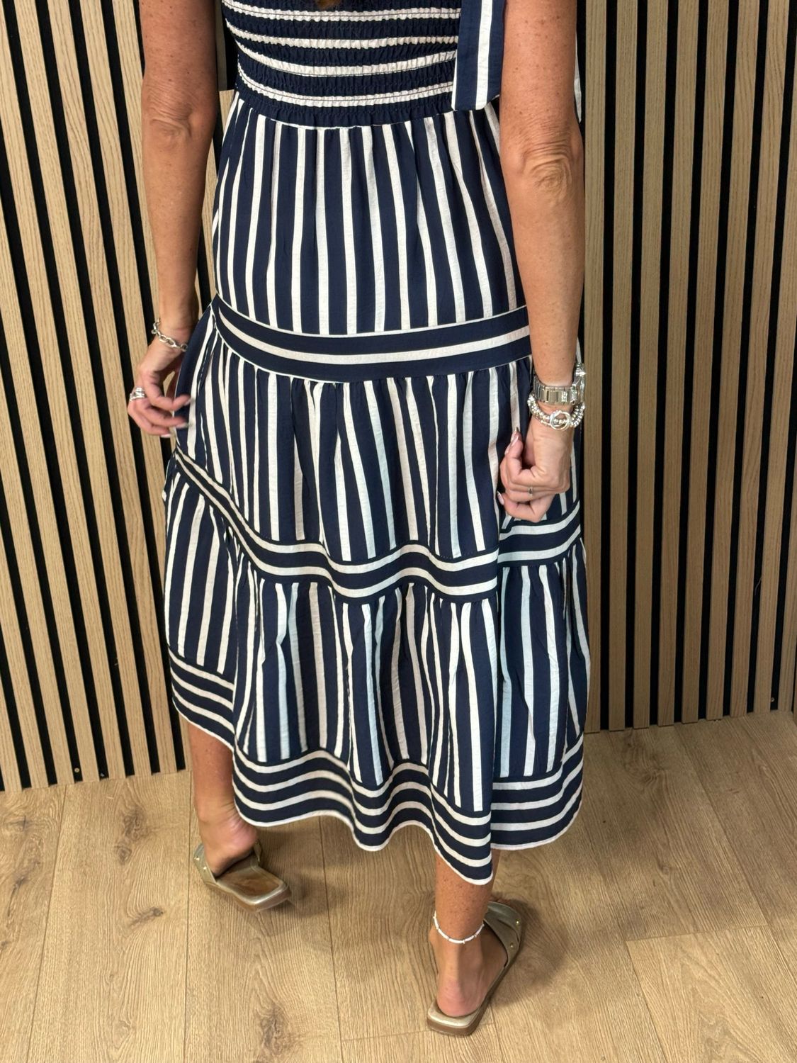 Striped Tie Shoulder Midi Dress - Navy/White
