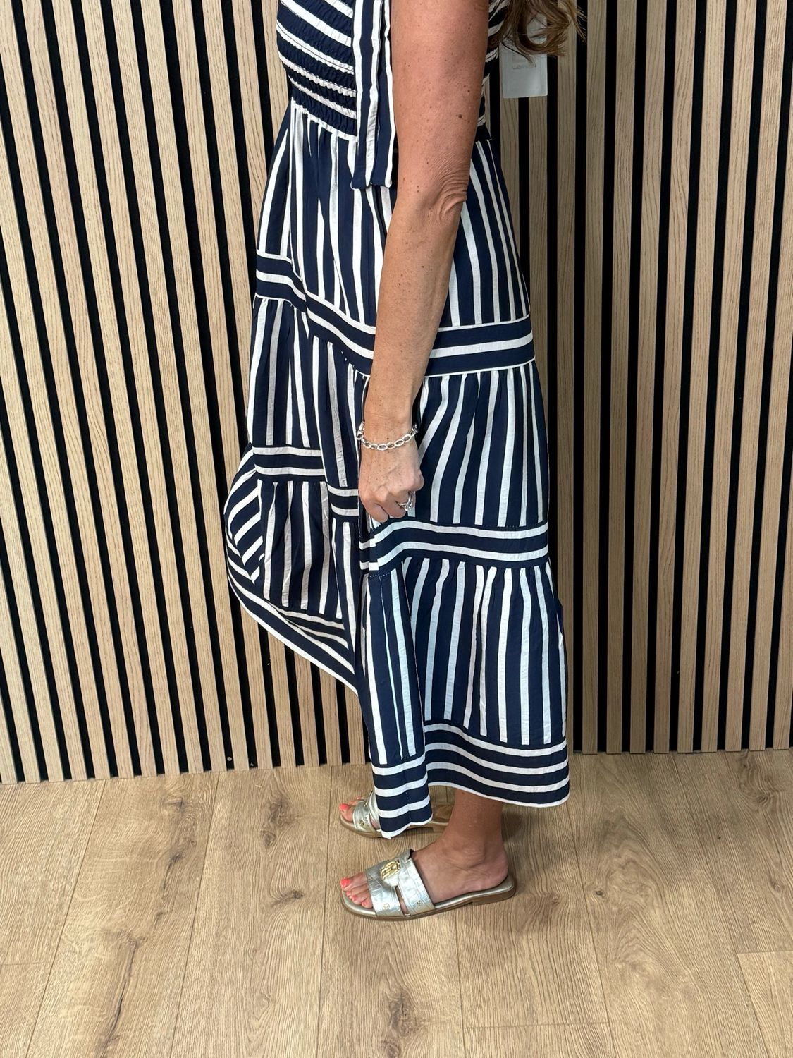 Striped Tie Shoulder Midi Dress - Navy/White
