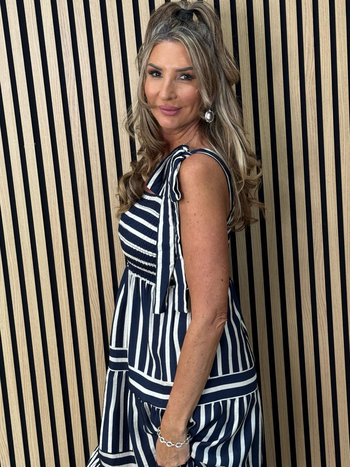 Striped Tie Shoulder Midi Dress - Navy/White