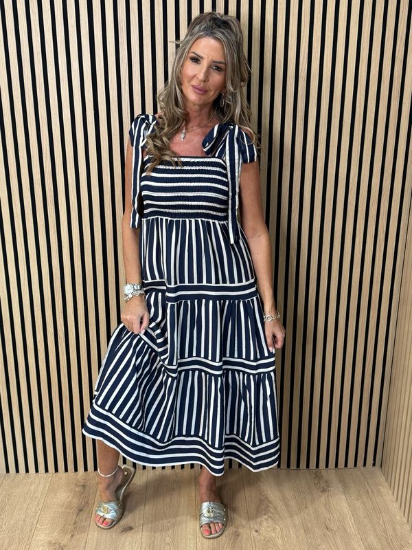 Striped Tie Shoulder Midi Dress - Navy/White