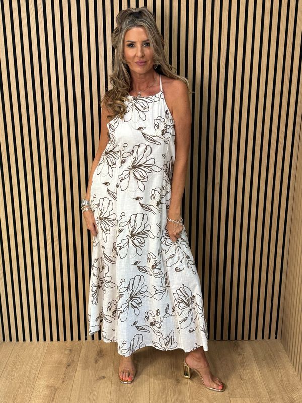 Floral Cotton Maxi Dress - White/Brown