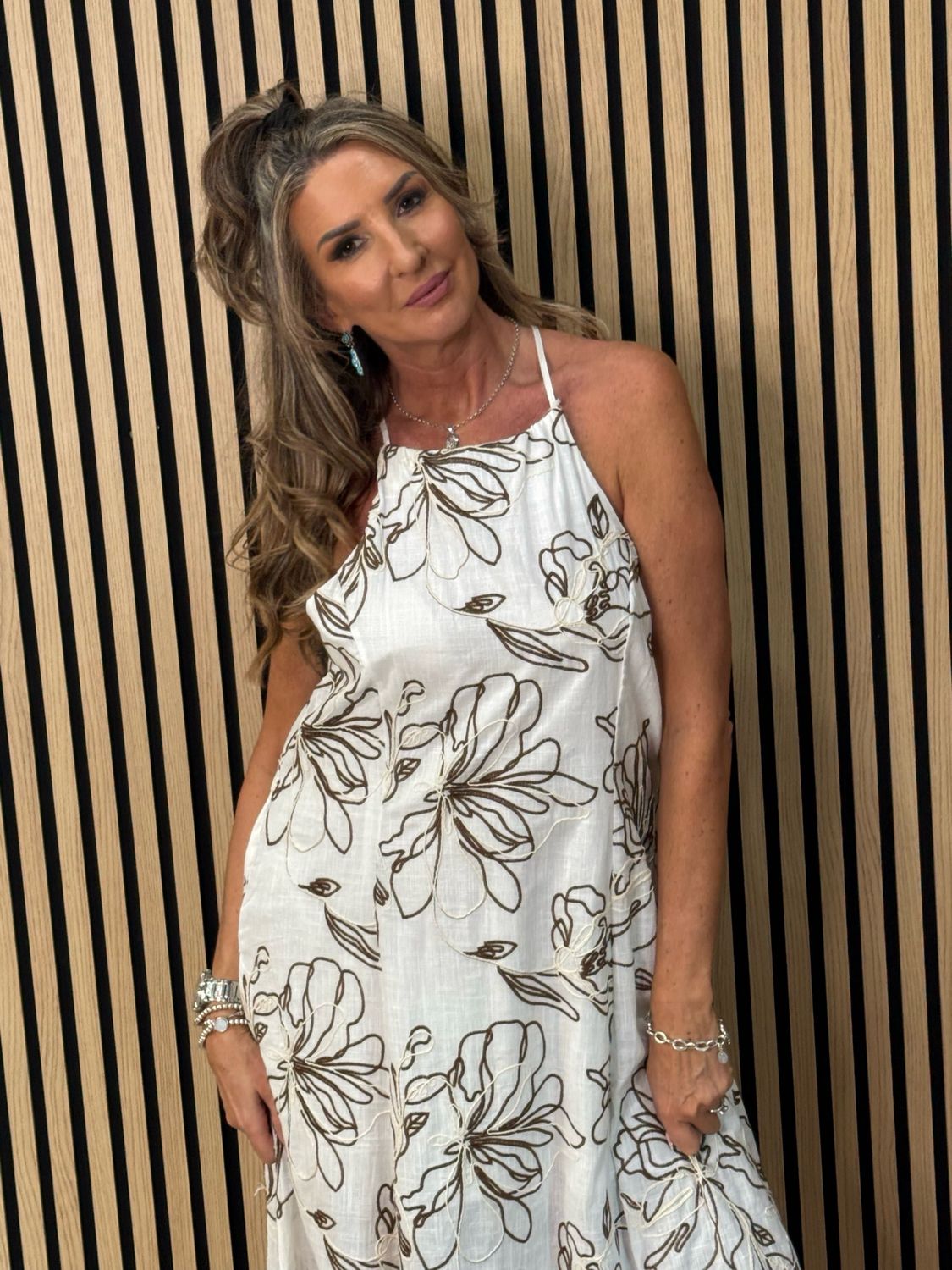 Floral Cotton Maxi Dress - White/Brown