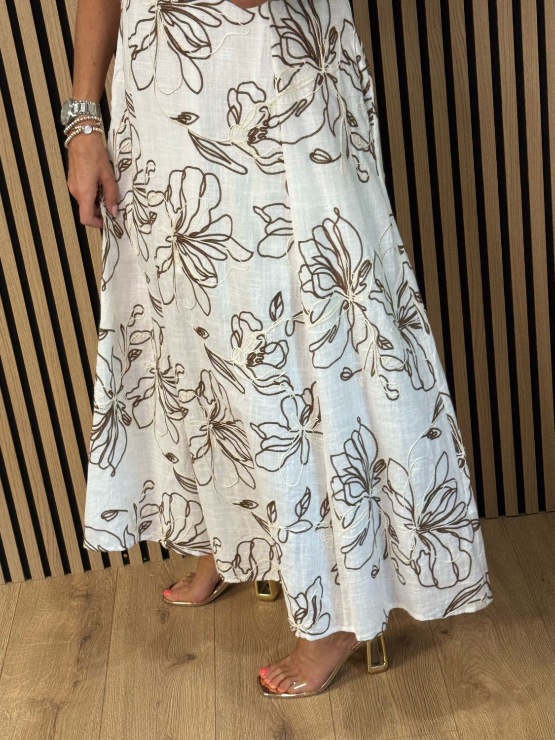 Floral Cotton Maxi Dress - White/Brown