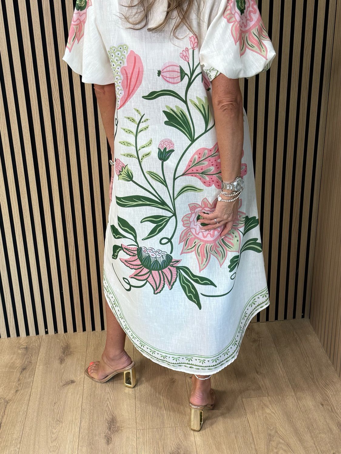 Botanical Bell Sleeve Shirt Dress - White/Pink
