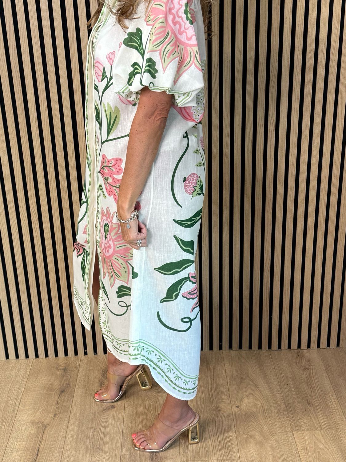 Botanical Bell Sleeve Shirt Dress - White/Pink