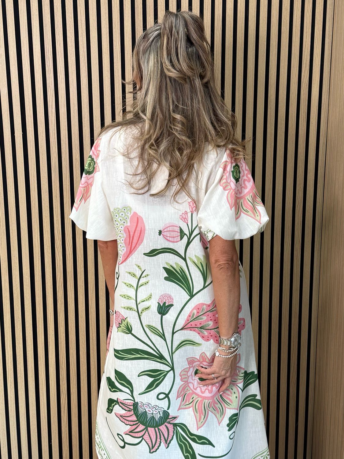 Botanical Bell Sleeve Shirt Dress - White/Pink