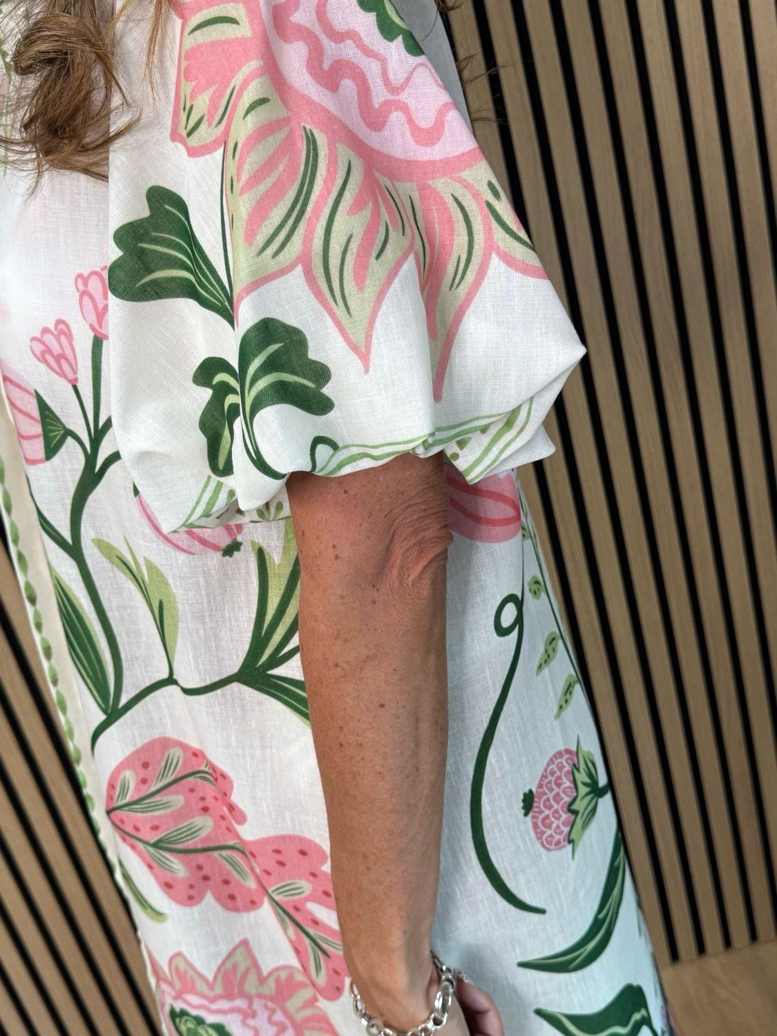 Botanical Bell Sleeve Shirt Dress - White/Pink
