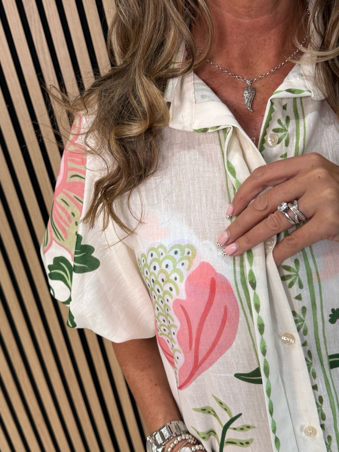 Botanical Bell Sleeve Shirt Dress - White/Pink