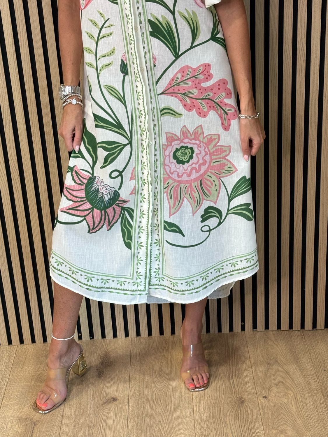Botanical Bell Sleeve Shirt Dress - White/Pink