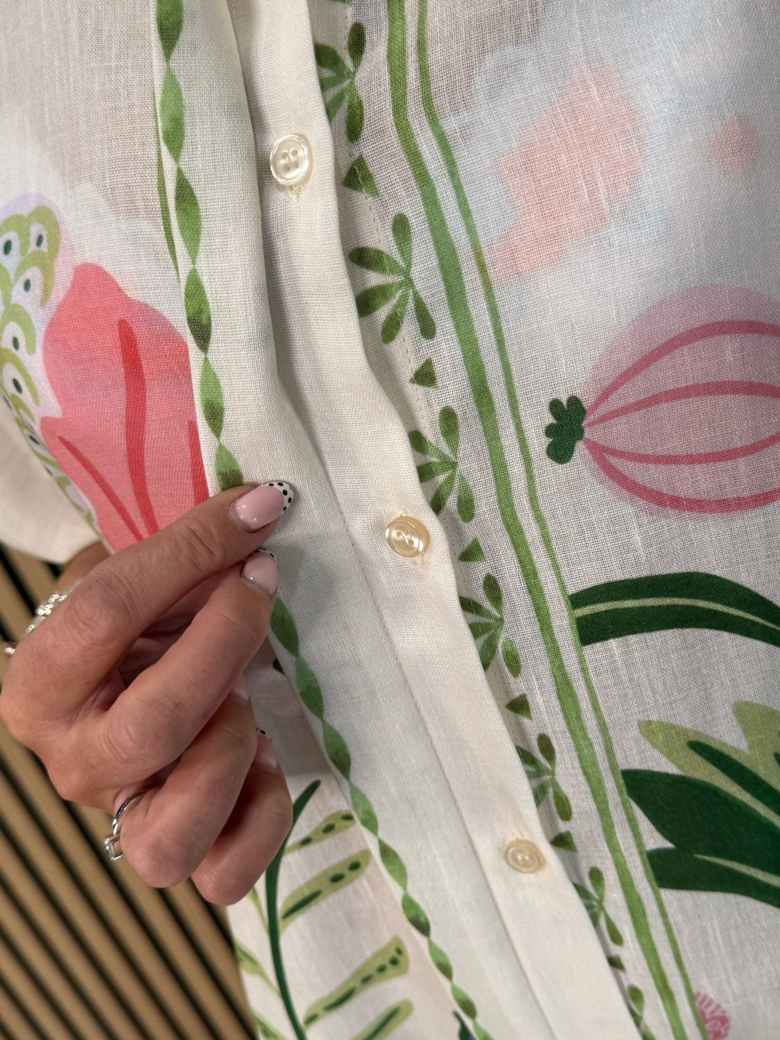 Botanical Bell Sleeve Shirt Dress - White/Pink