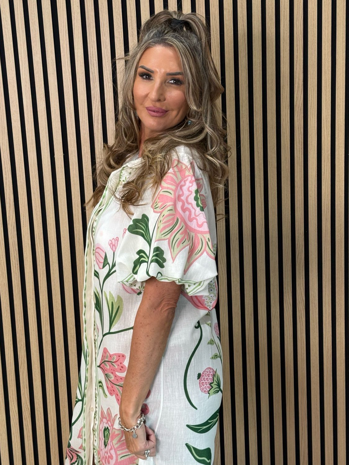 Botanical Bell Sleeve Shirt Dress - White/Pink