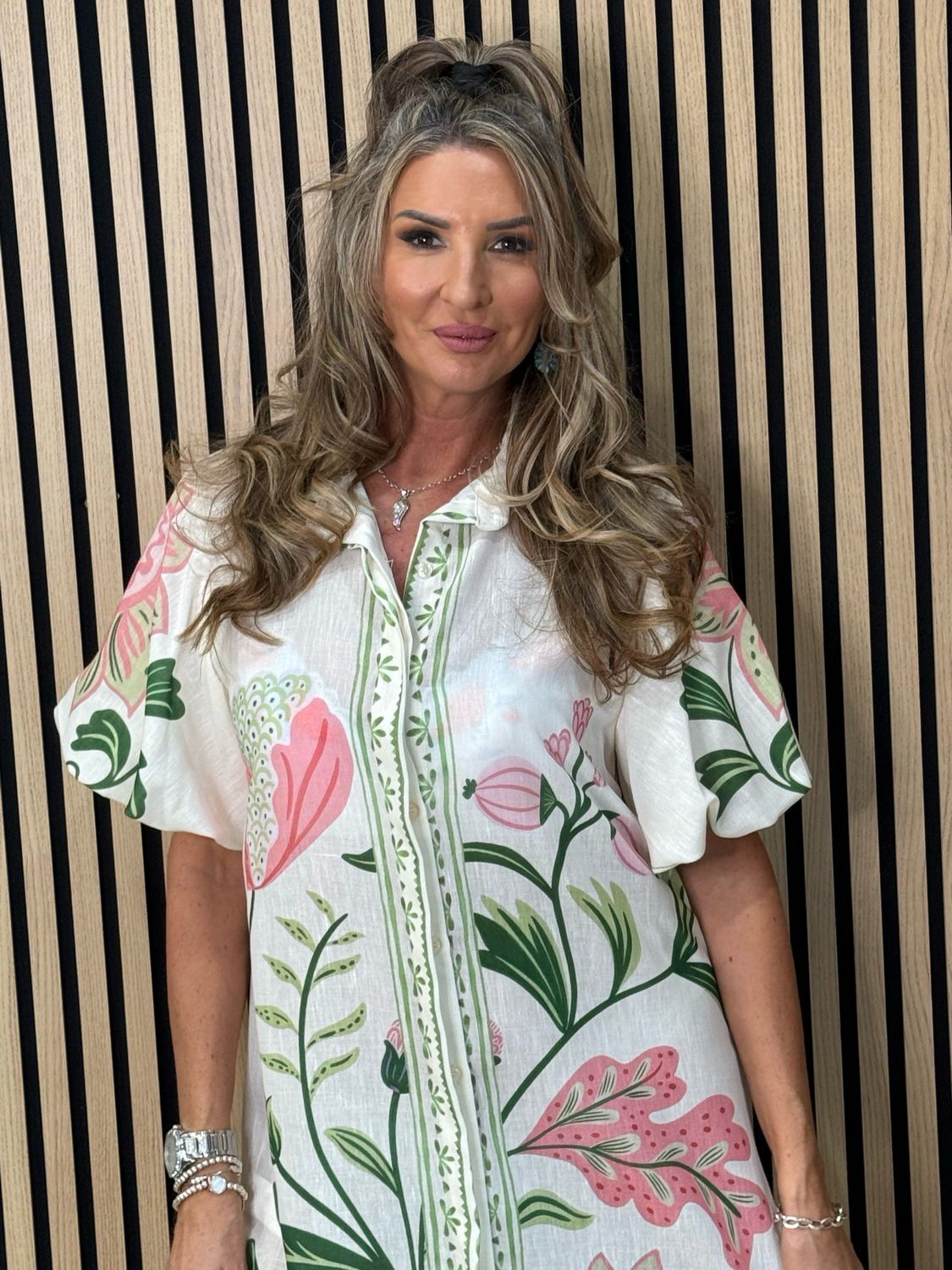 Botanical Bell Sleeve Shirt Dress - White/Pink