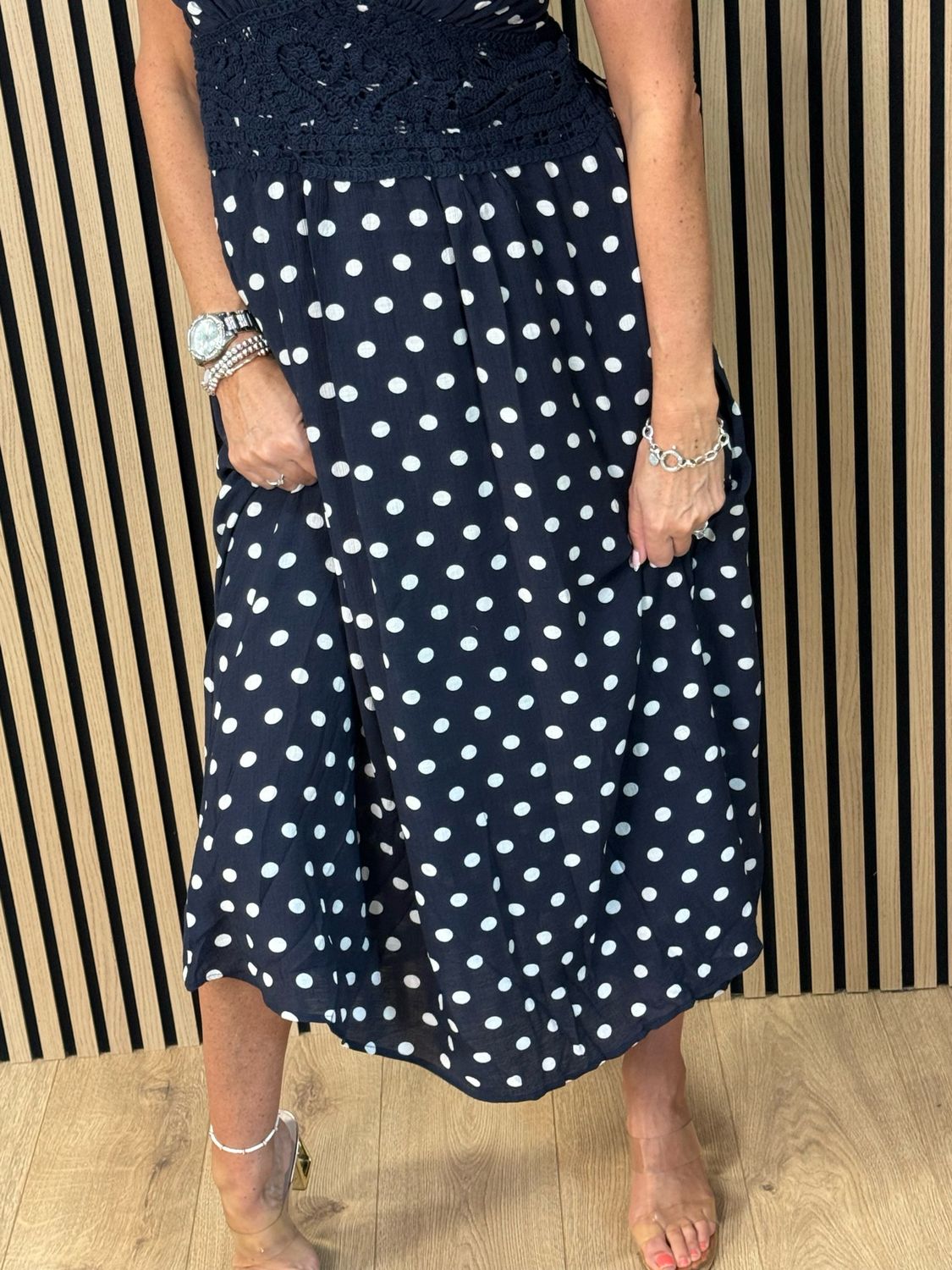 Polka Dot Crochet Waist Maxi Dress - Navy/white