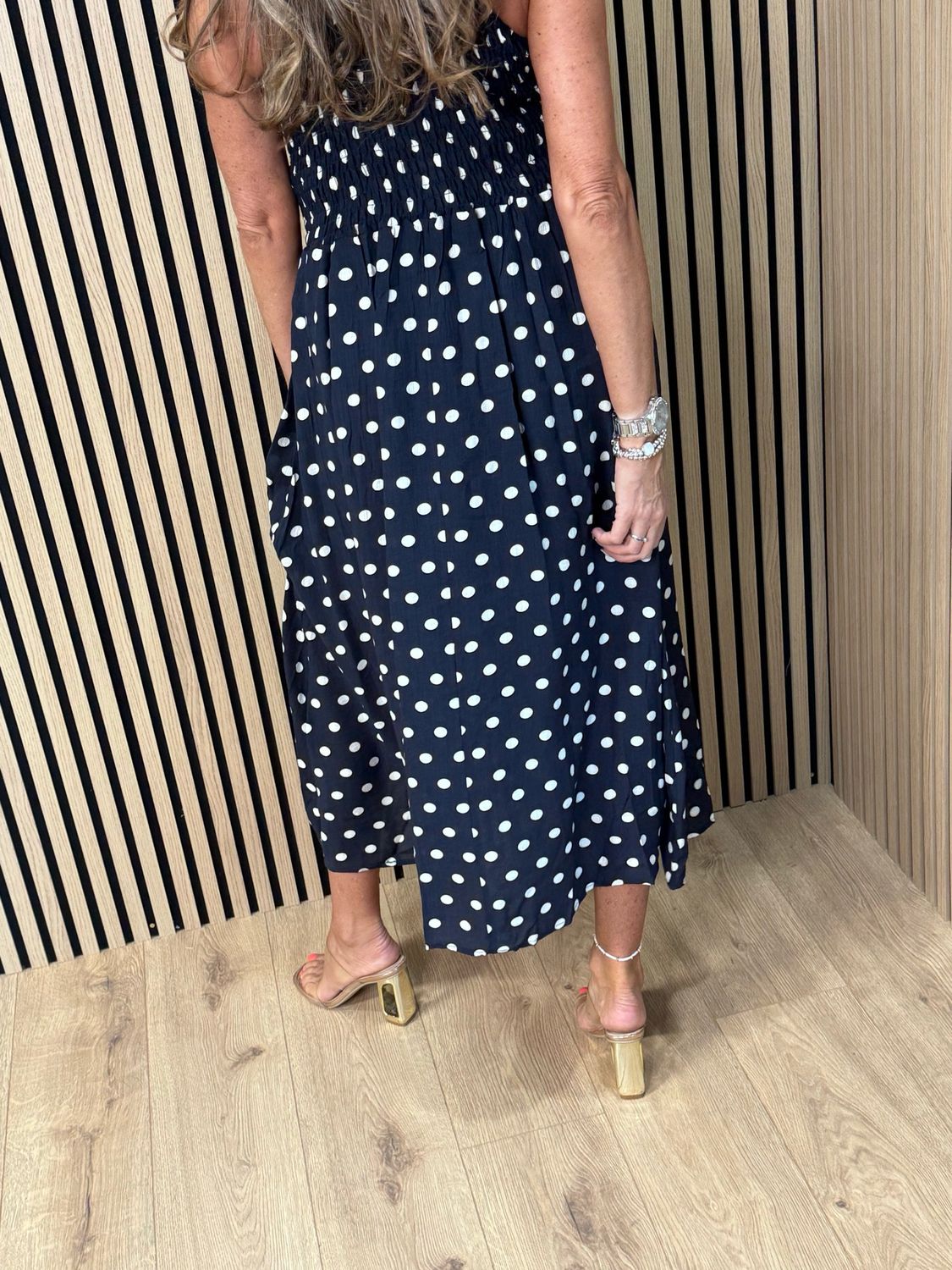 Polka Dot Crochet Waist Maxi Dress - Navy/white