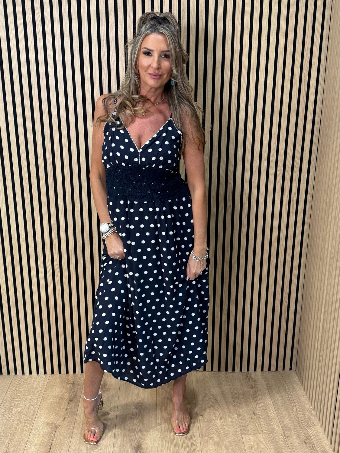 Polka Dot Crochet Waist Maxi Dress - Navy/white