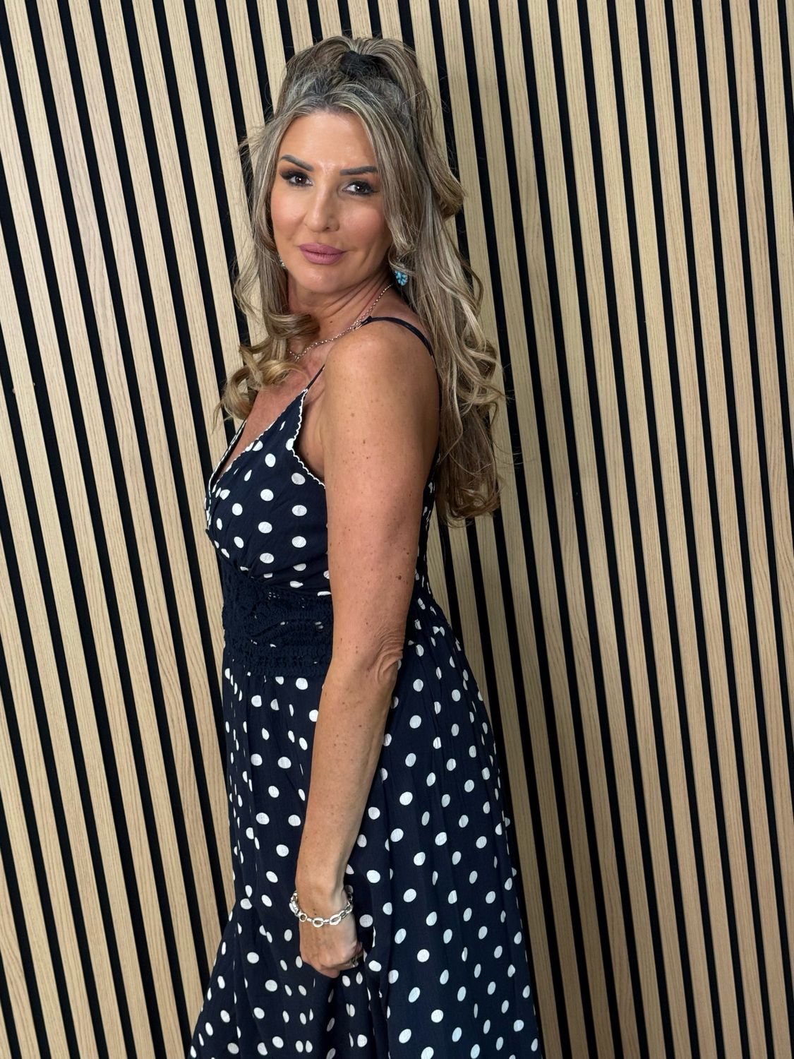 Polka Dot Crochet Waist Maxi Dress - Navy/white