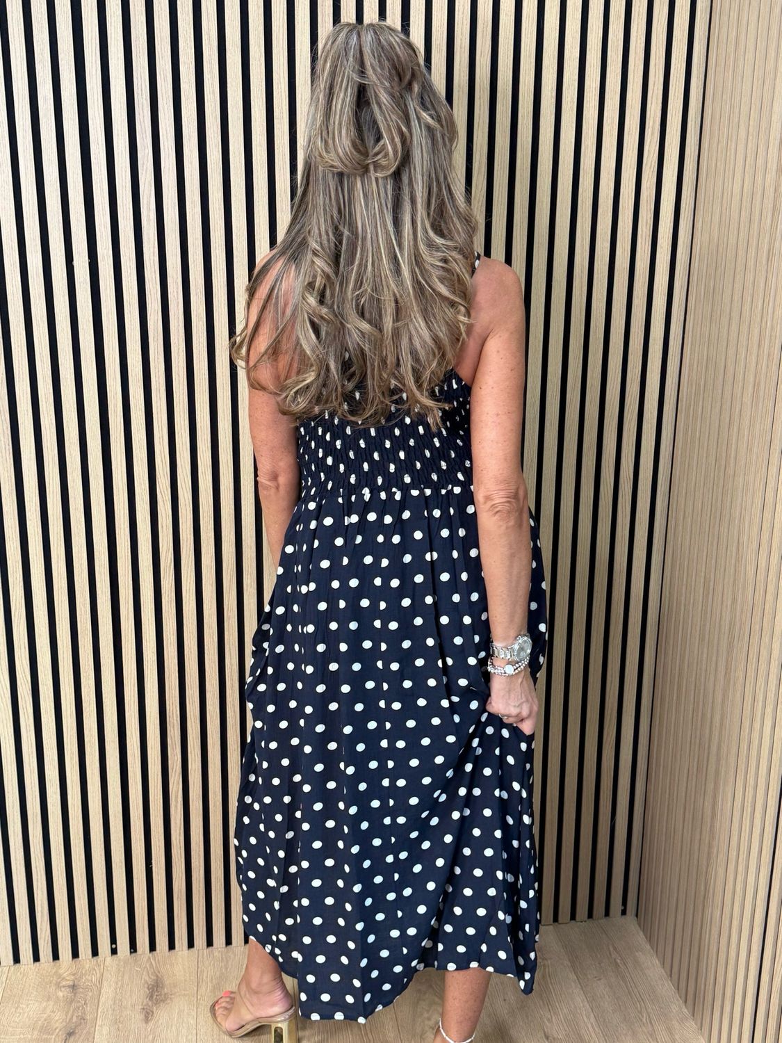 Polka Dot Crochet Waist Maxi Dress - Navy/white