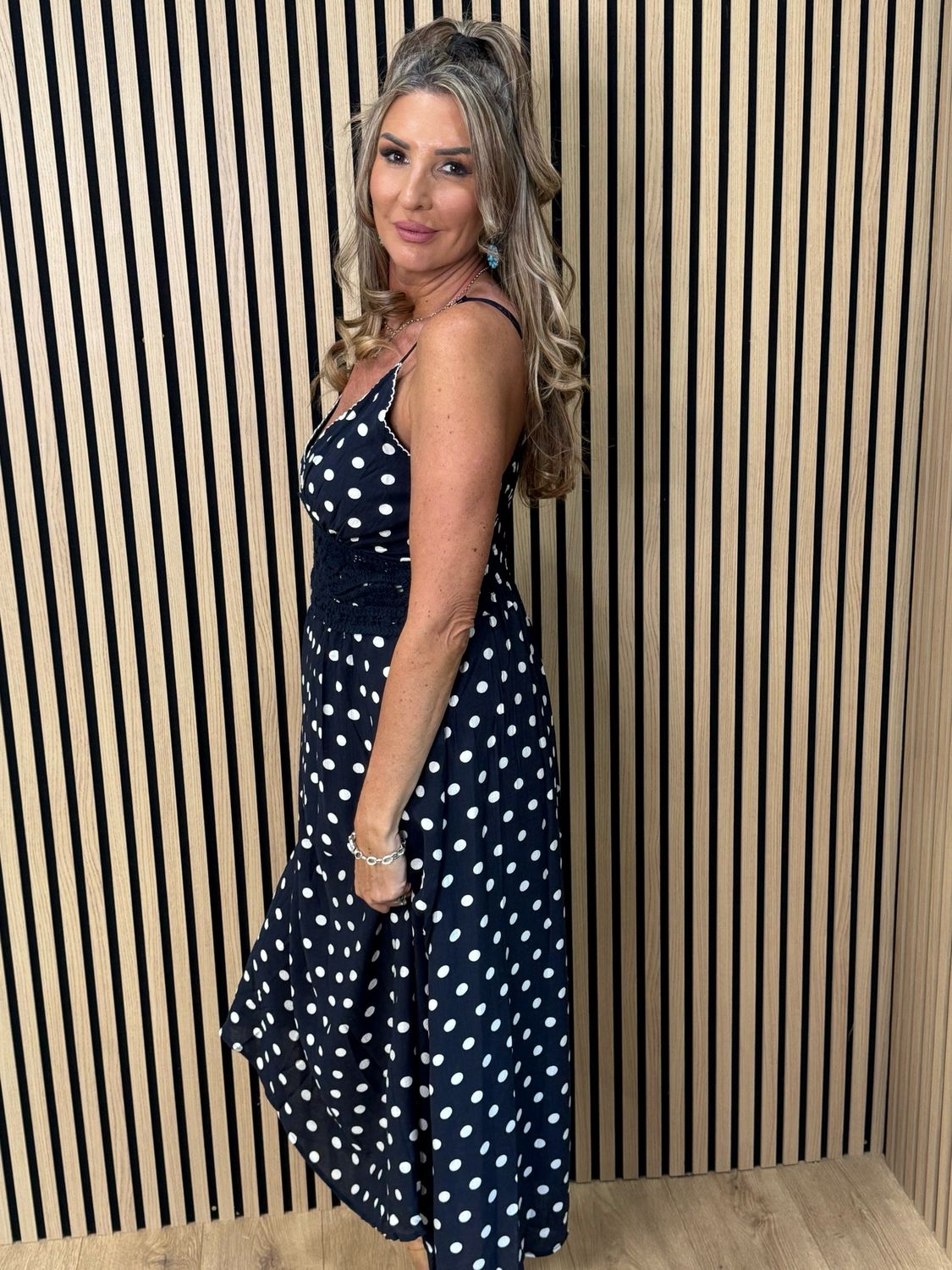 Polka Dot Crochet Waist Maxi Dress - Navy/white