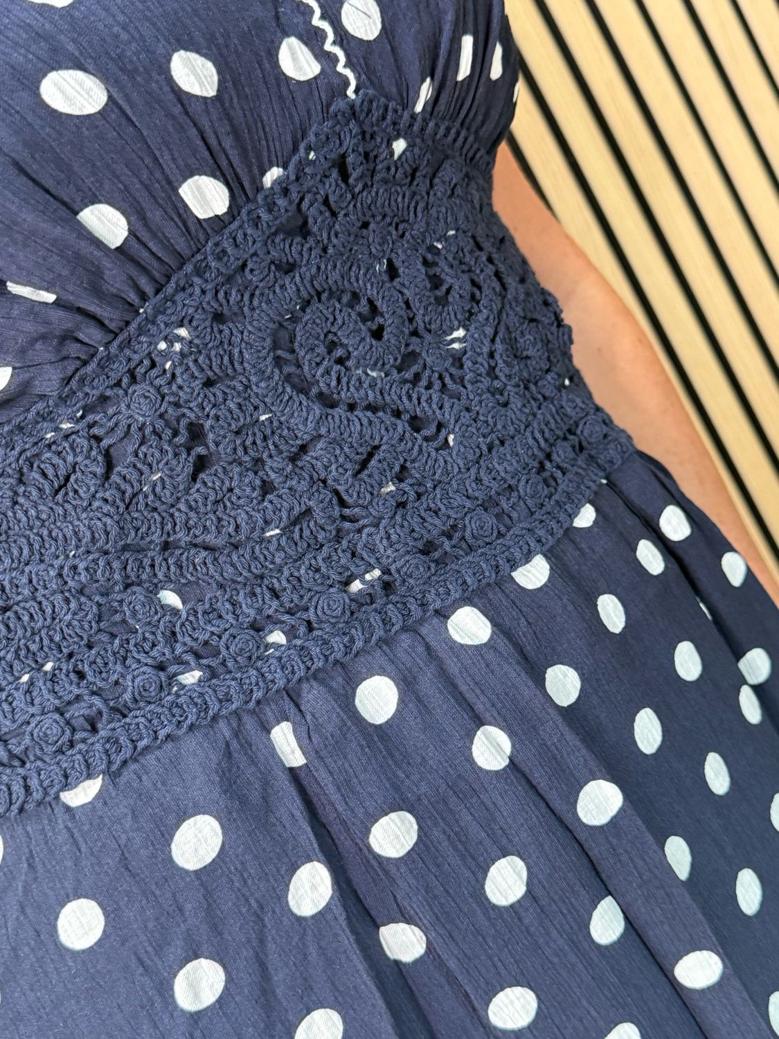 Polka Dot Crochet Waist Maxi Dress - Navy/white