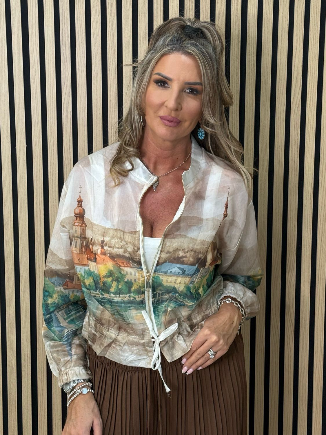 Cote D Azur Print Zip Jacket - Stone