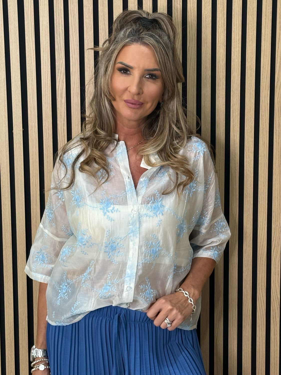 Embroidered Floral Sheer Shirt - White/Baby Blue
