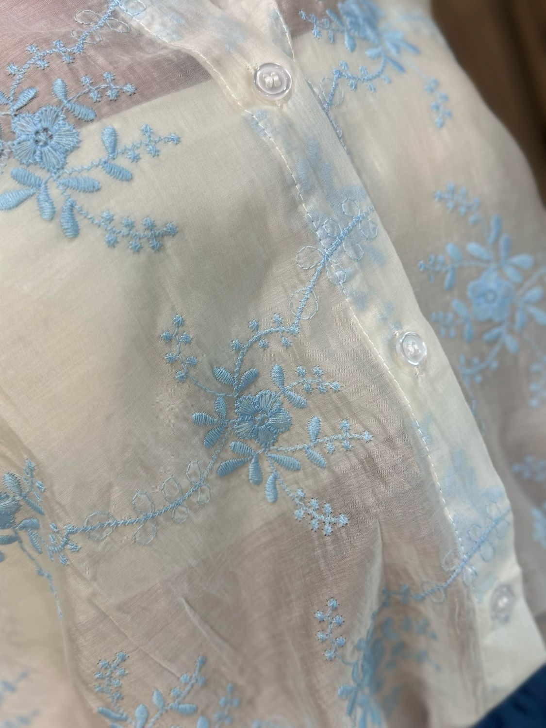 Embroidered Floral Sheer Shirt - White/Baby Blue