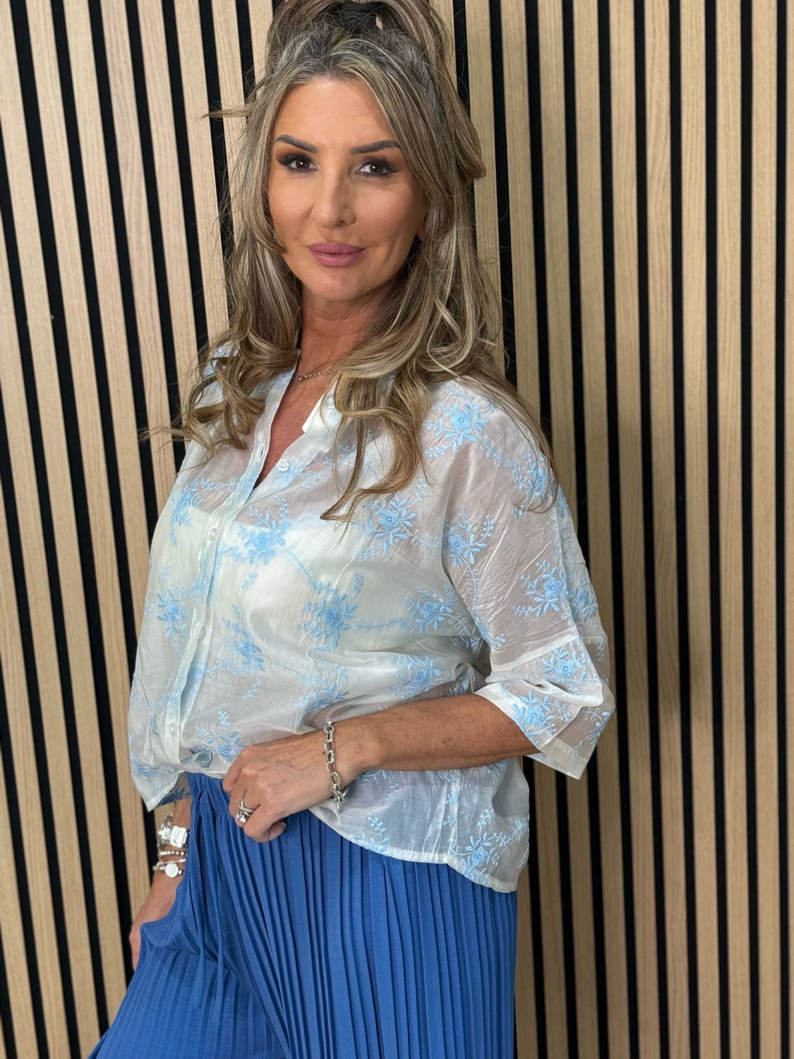 Embroidered Floral Sheer Shirt - White/Baby Blue