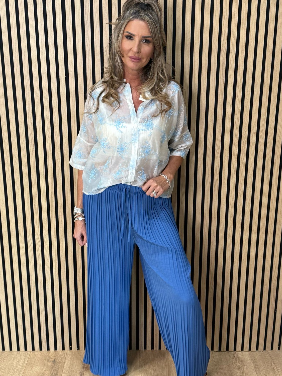 Embroidered Floral Sheer Shirt - White/Baby Blue