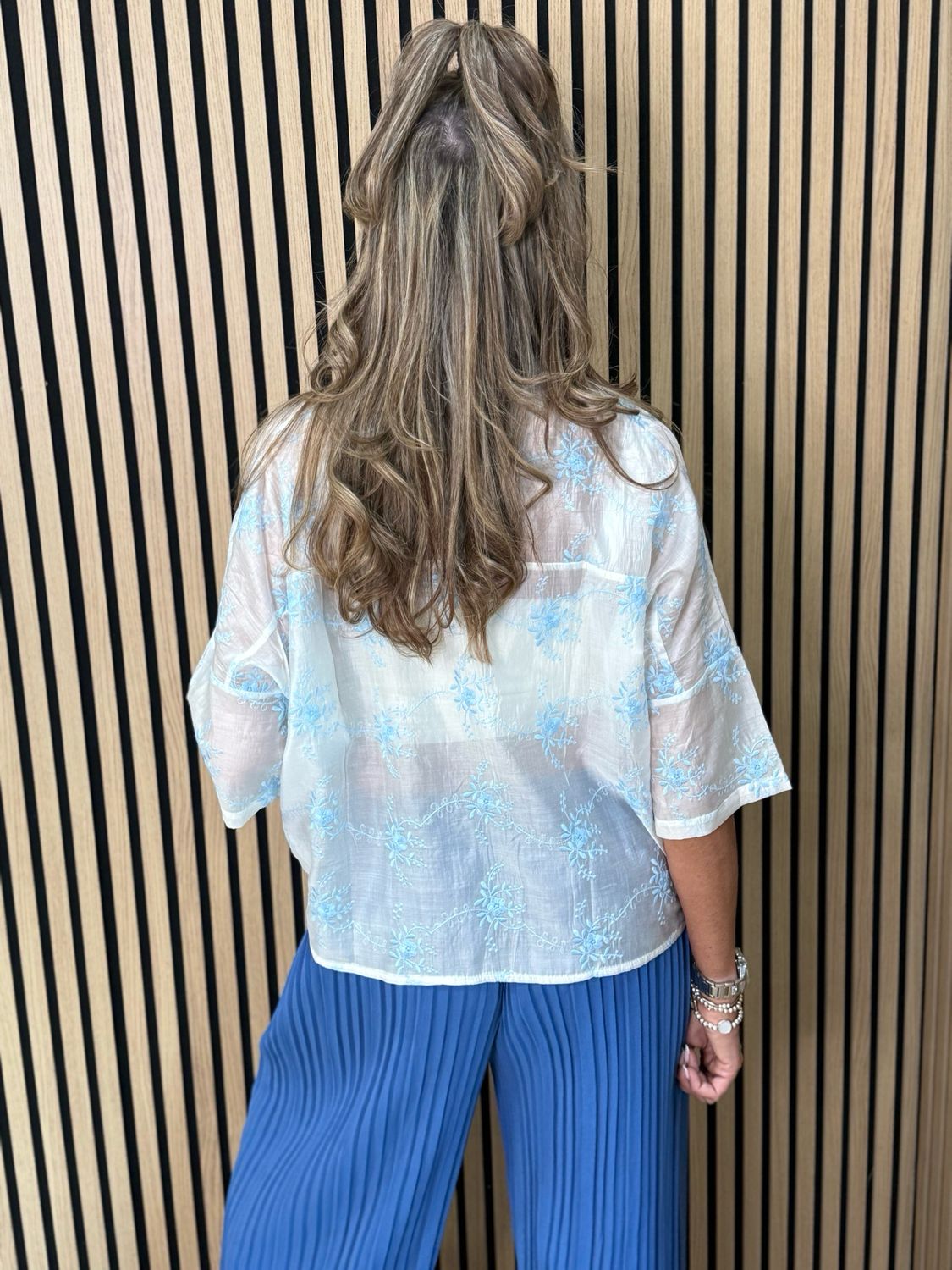 Embroidered Floral Sheer Shirt - White/Baby Blue