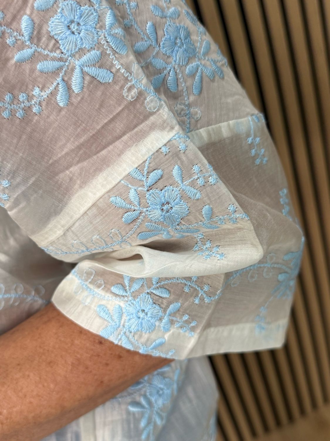 Embroidered Floral Sheer Shirt - White/Baby Blue