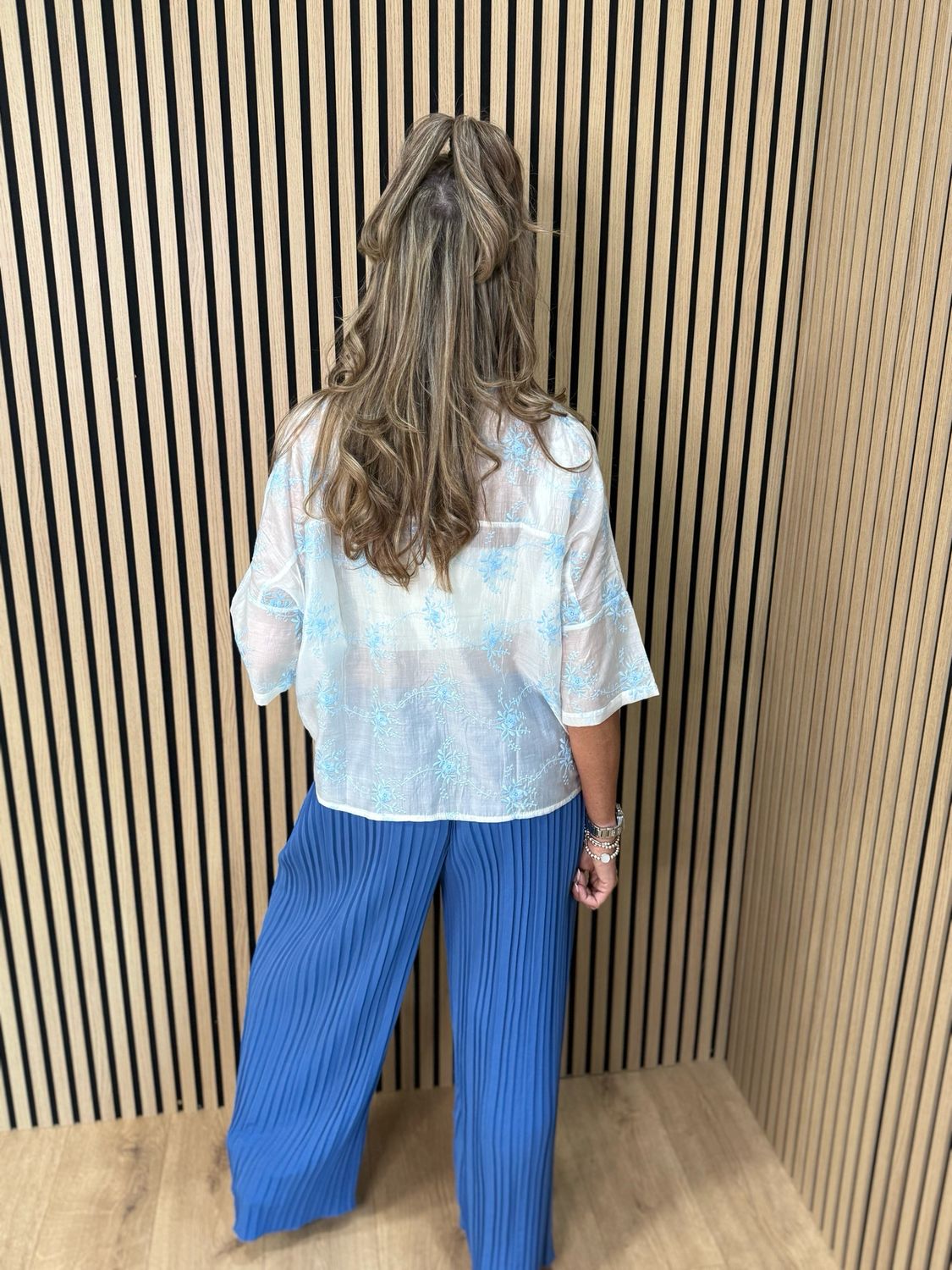 Embroidered Floral Sheer Shirt - White/Baby Blue