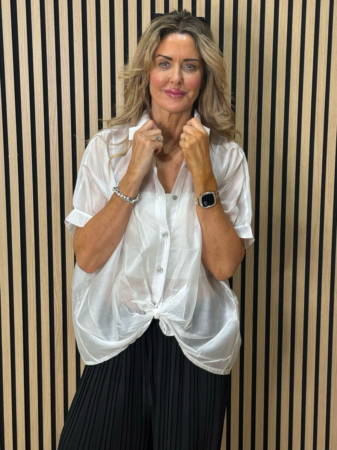 Sheer Tie Front Shirt - White