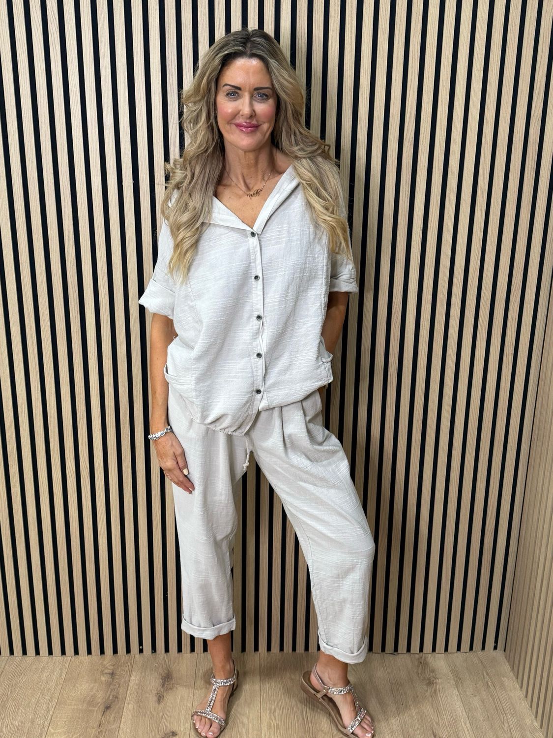 Textured Cotton Co-Ord Set - Stone