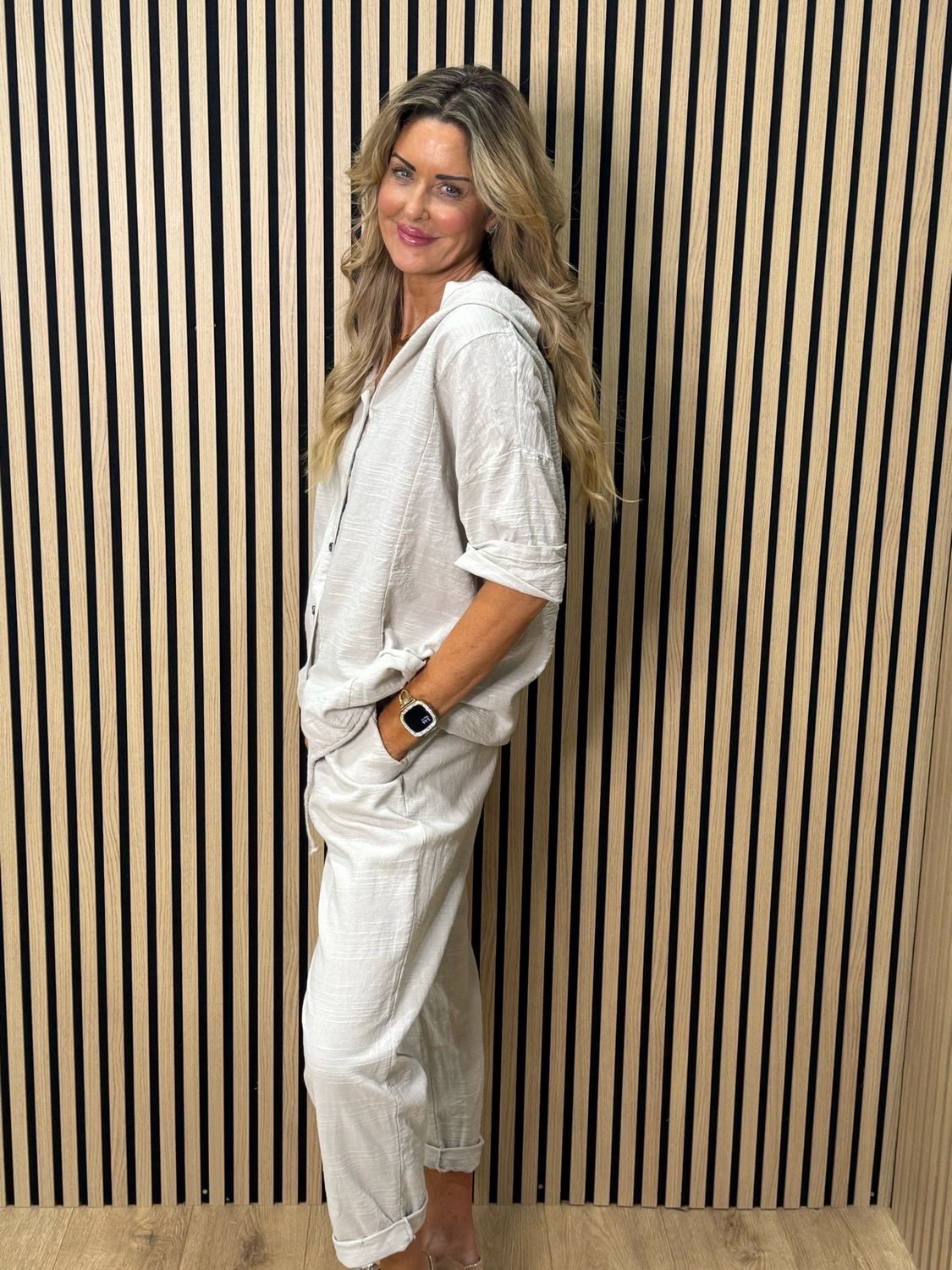 Textured Cotton Co-Ord Set - Stone