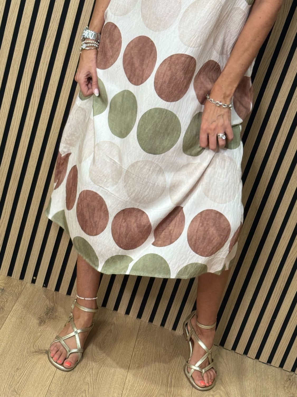 Spot Print Midi Dress - Stone/Khaki/Taupe