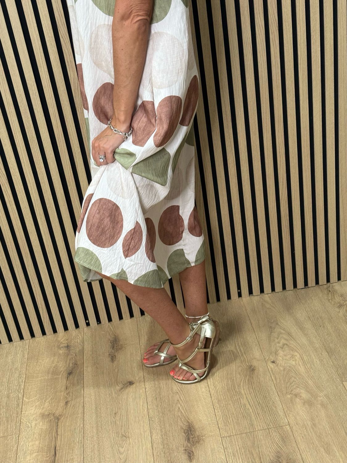 Spot Print Midi Dress - Stone/Khaki/Taupe